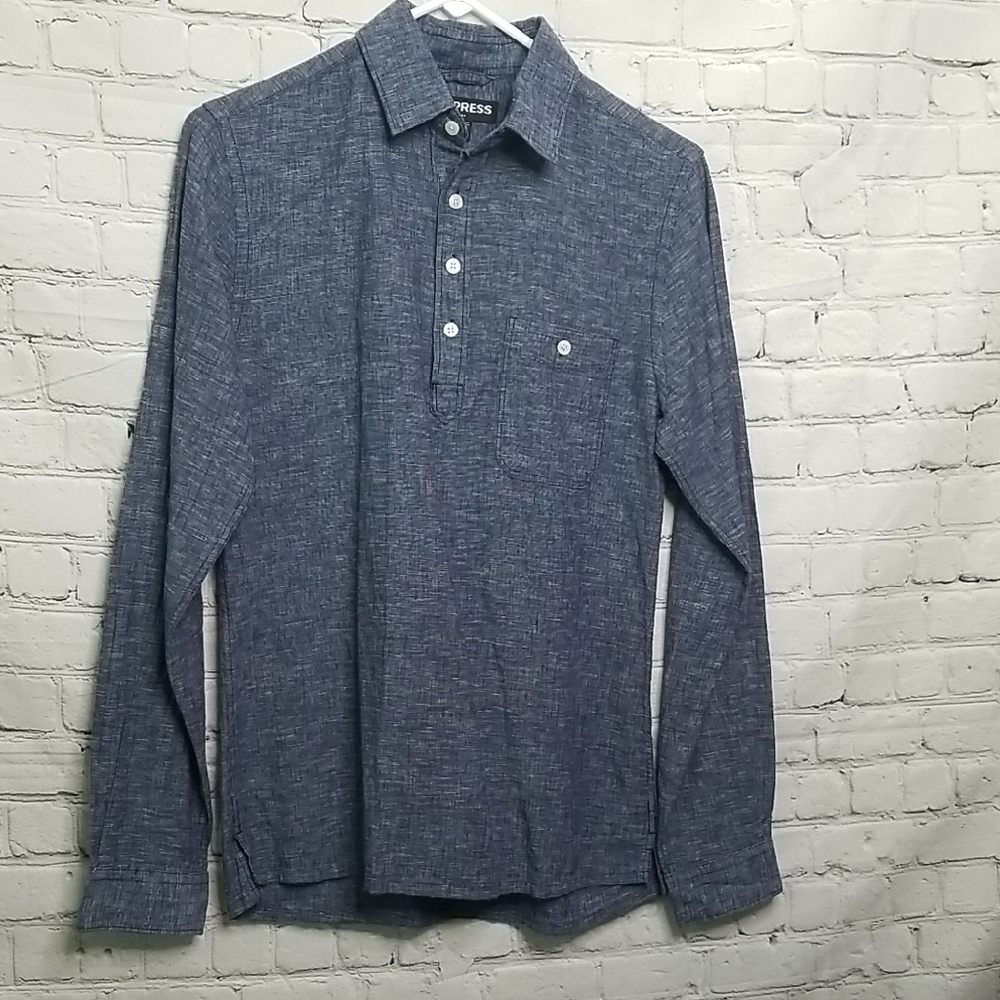 Express Mens Blue Chambray Linen/cotton 1/2 Button Shirt Size Xsmall EUC